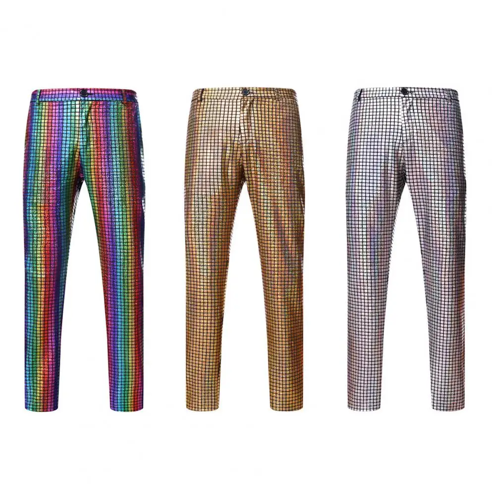 

2024 Men's Pants Rainbow Plaid Sequin Glitter Pants Disco Stylish Party Dancer Singer Trousers Nightclub DJ Stage Pants Clubwear