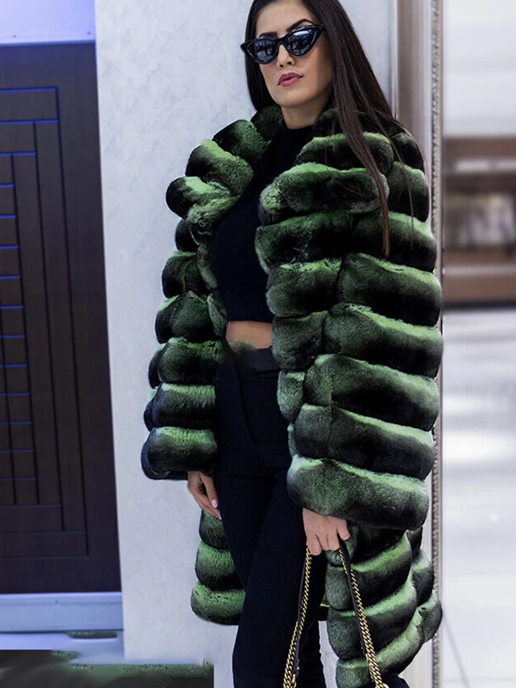 Green Chinchilla Fur Coat Women Winter Fahison Luxury Thicken Outertwear Long Sleeve Lapel Horizontal Stripe Real Fur Coat Lady