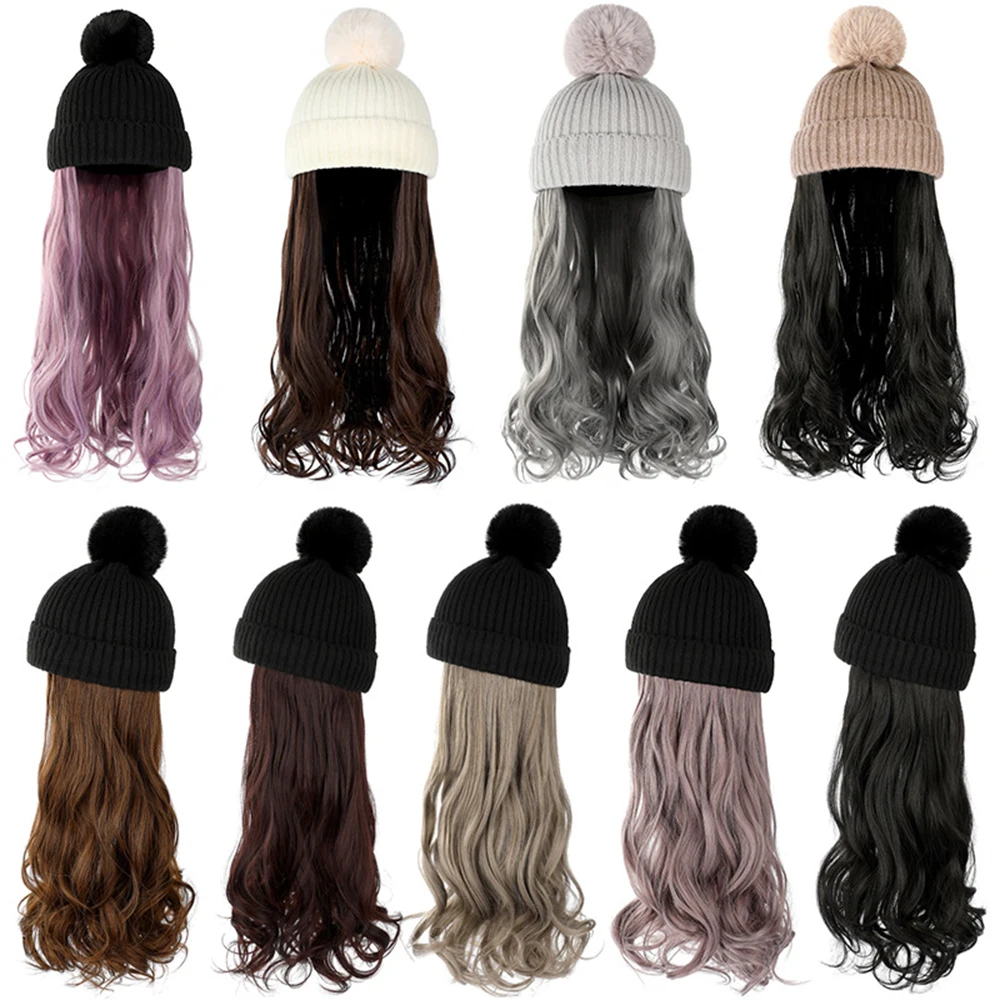 Winter Female Hat Wig With Curly Hair Extensions Synthetic Wave Wig Cap Dismountable Stylish Outdoors Beanie For Camping Hiking