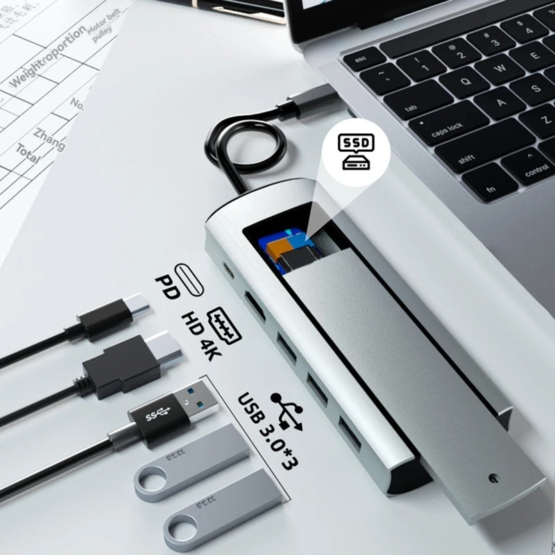 Top-6-In-1 Docking Station PD&USB3.0X3&-Compatible&SSD SLOT Fast Charger For Laptop Computer