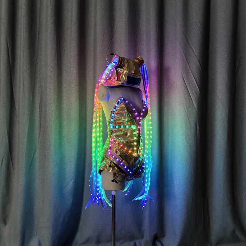 ชุดจั๊มสูทเปลี่ยนสี LED สำหรับผู้หญิง ชุดแฟนซีเรืองแสง ถักเปียยาว สำหรับงานแฟนซี งานแสดงบนเวที ชุดแสดงดีเจในบาร์