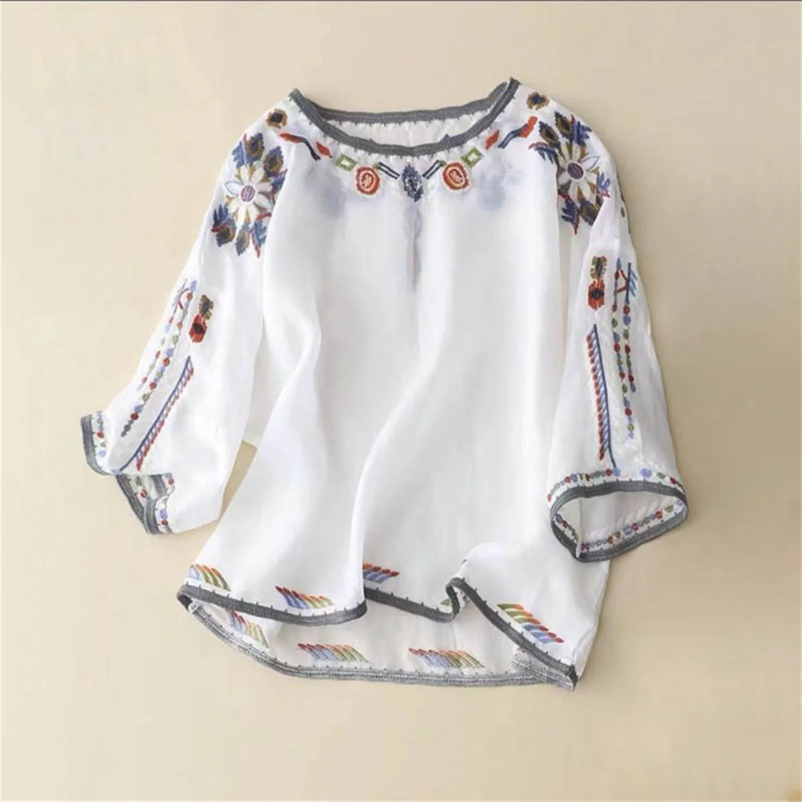 

Summer New Ethnic Wind Embroidery Cotton And Linen Loose Plate Buckle Horn Sleeve Standing Seven Point Sleeve Top Raglan Sleeve