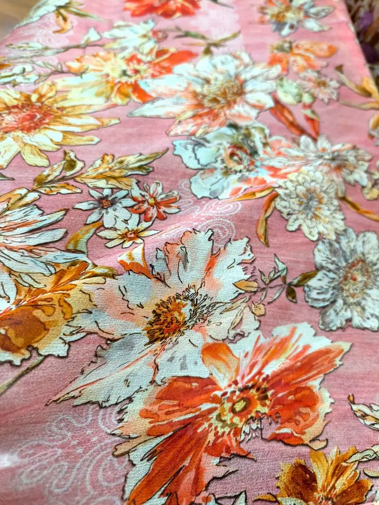 Crepe Italian Luxury D Brand Pink Flowers 100% mulberry Silk Fabric Chiffon Fashion Cloth Shirt Dress Sewing Per Meter Material