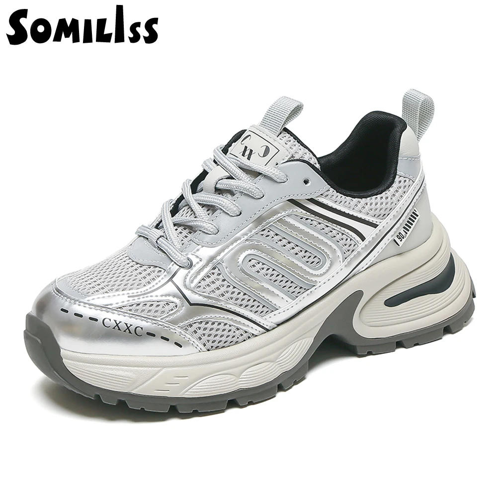 

SOMILISS Chunky Platform Sneakers for Women Breathable Microfiber Leather Mesh Patchwork Ladies Fashion Non Slip Casual Shoes