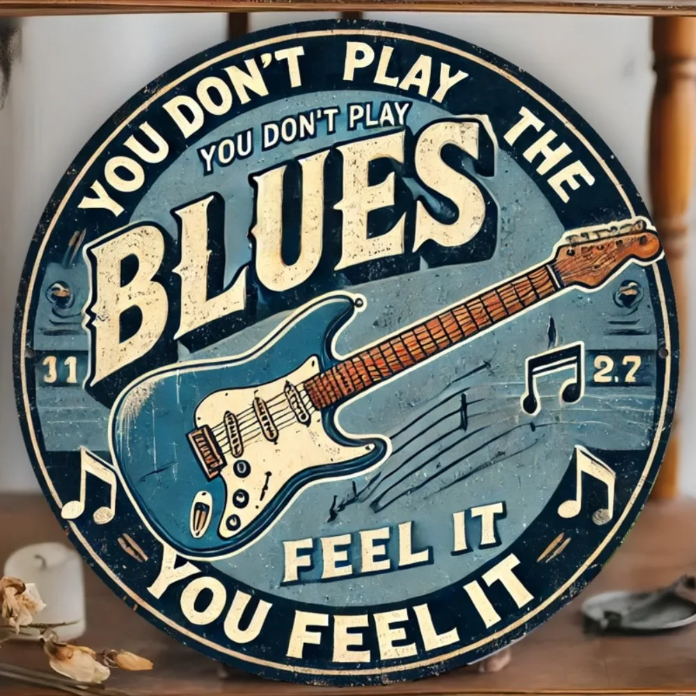 Vintage Blues Gitarren-Metallschild – Retro-Wanddekoration aus kreisförmigem Eisen für Bar, Café und Küche