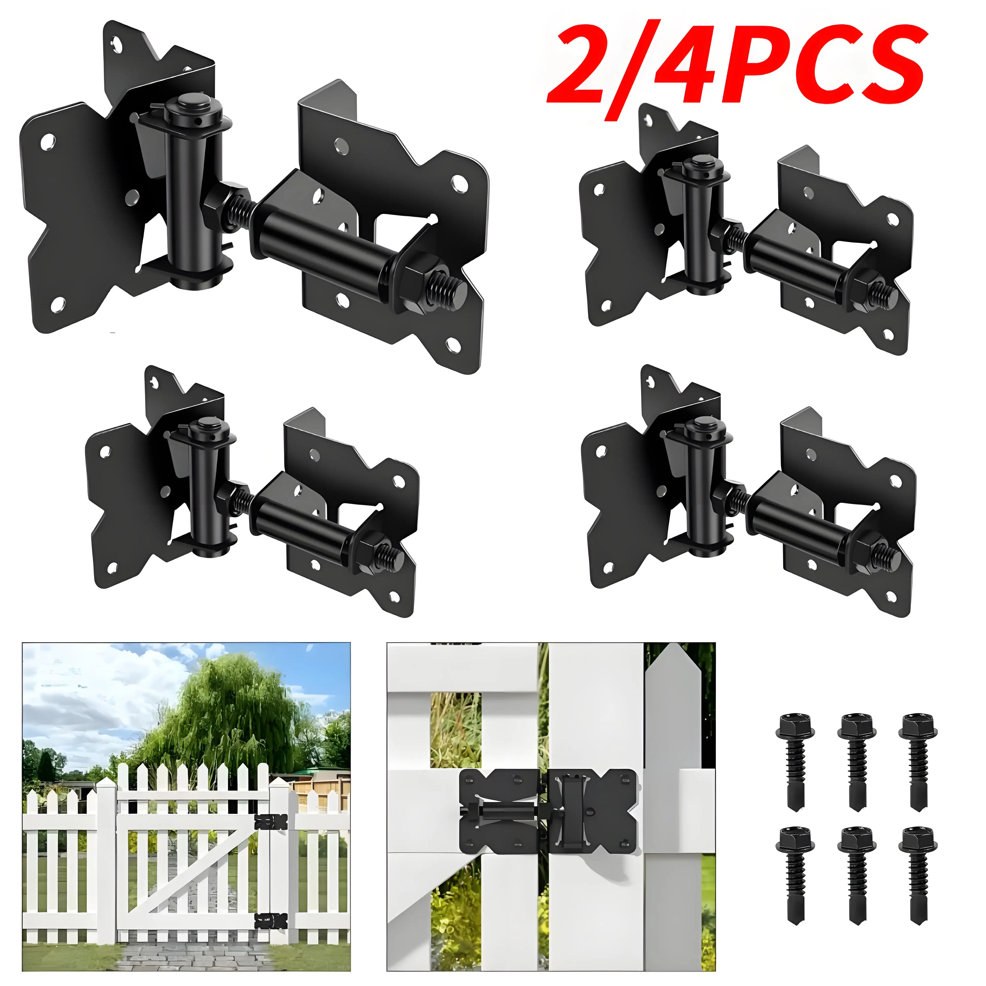 4 Stück selbstschließende Torscharniere, robust, mit Installationsschrauben und Schwenkversteller-Werkzeug, 90 Grad verstellbare Scharniere für Zaun