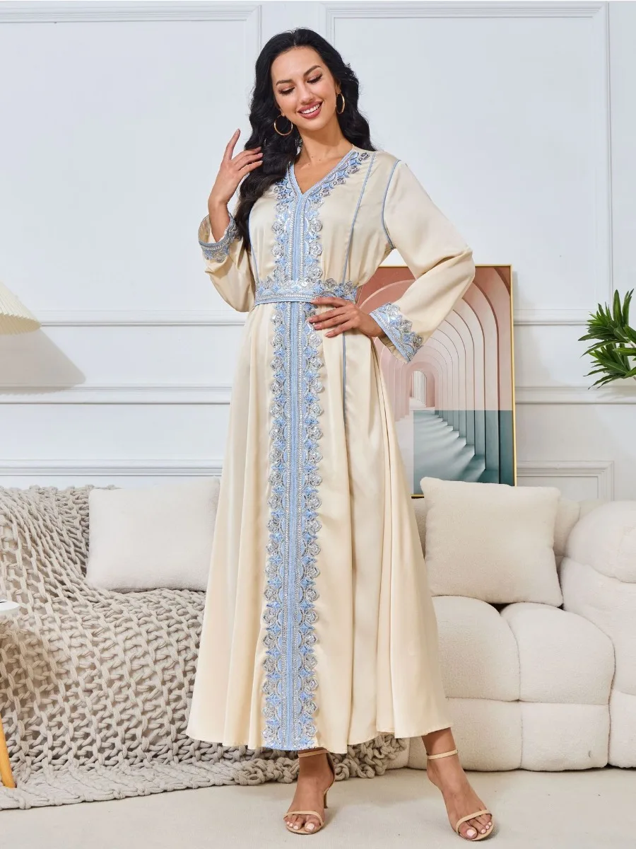 Eid Satin Party Dress for Women Muslim Abaya Embroidery Lace-up Jalabiya Party Dresses Morocco Vestidos Kaftan Long Robe 2024