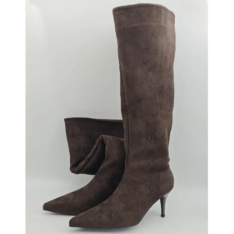 

Women's Suede Relaxed Fit Pointed Toe Pull-On Knee High Boots,Stiletto Heel Minimalist Fall Winter Casual Footwear,Drop Shipping