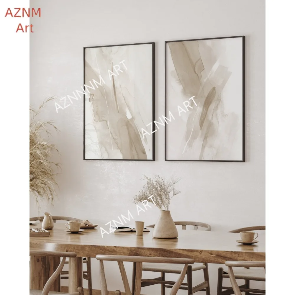 1/2 Stück abstrakte nordische Drucke, weiß-beige Pinselstriche-Wanddruck, neutralfarbene ästhetische Wandkunst, minimalistisches Schlafzimmer-Kunstwerk