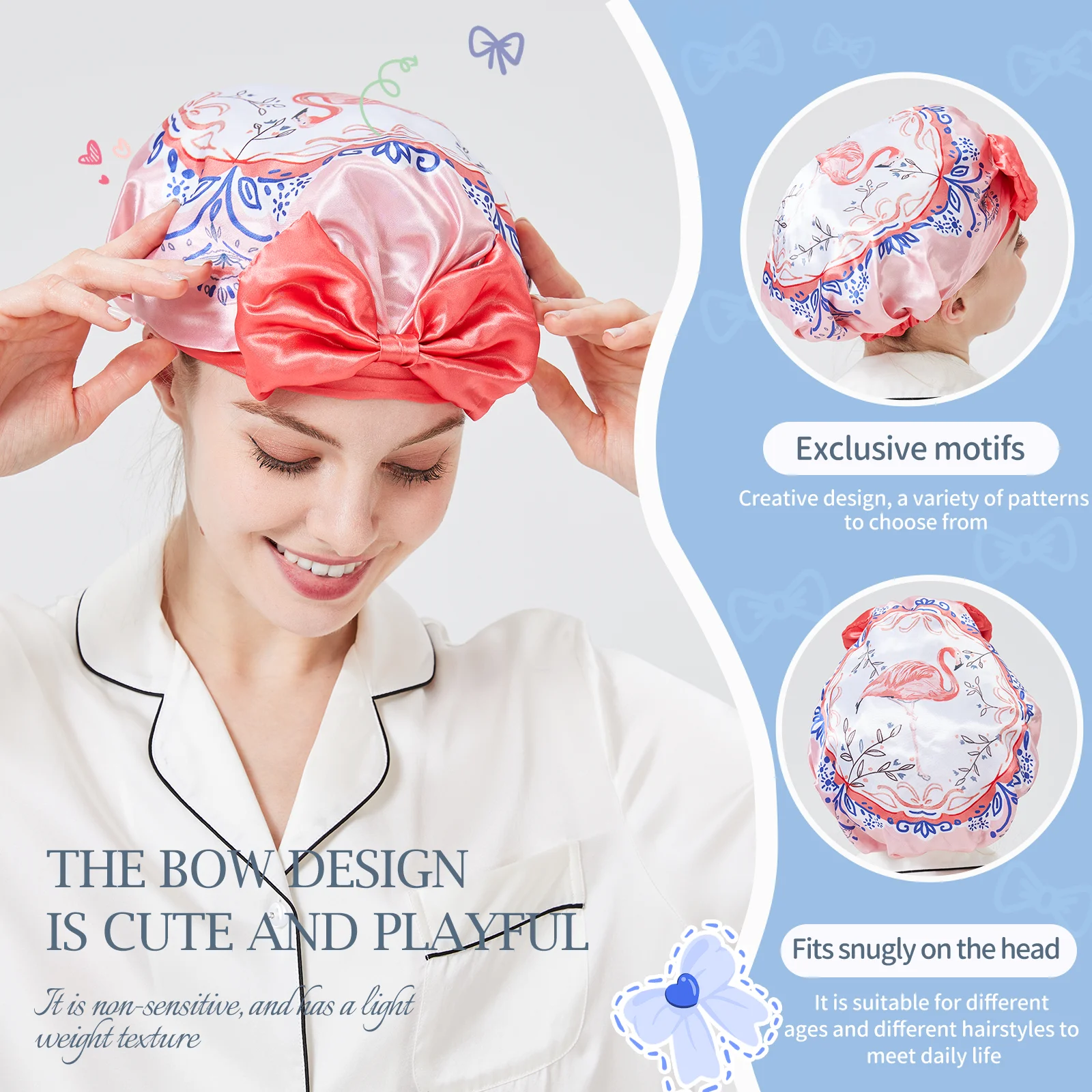 Gorro de satén para dormir con flamenco de cerámica de Londres, gorro de seda, accesorios para el cabello para baño, gorro de ducha dandy, gorro de cuidado personal, gorro de sauna