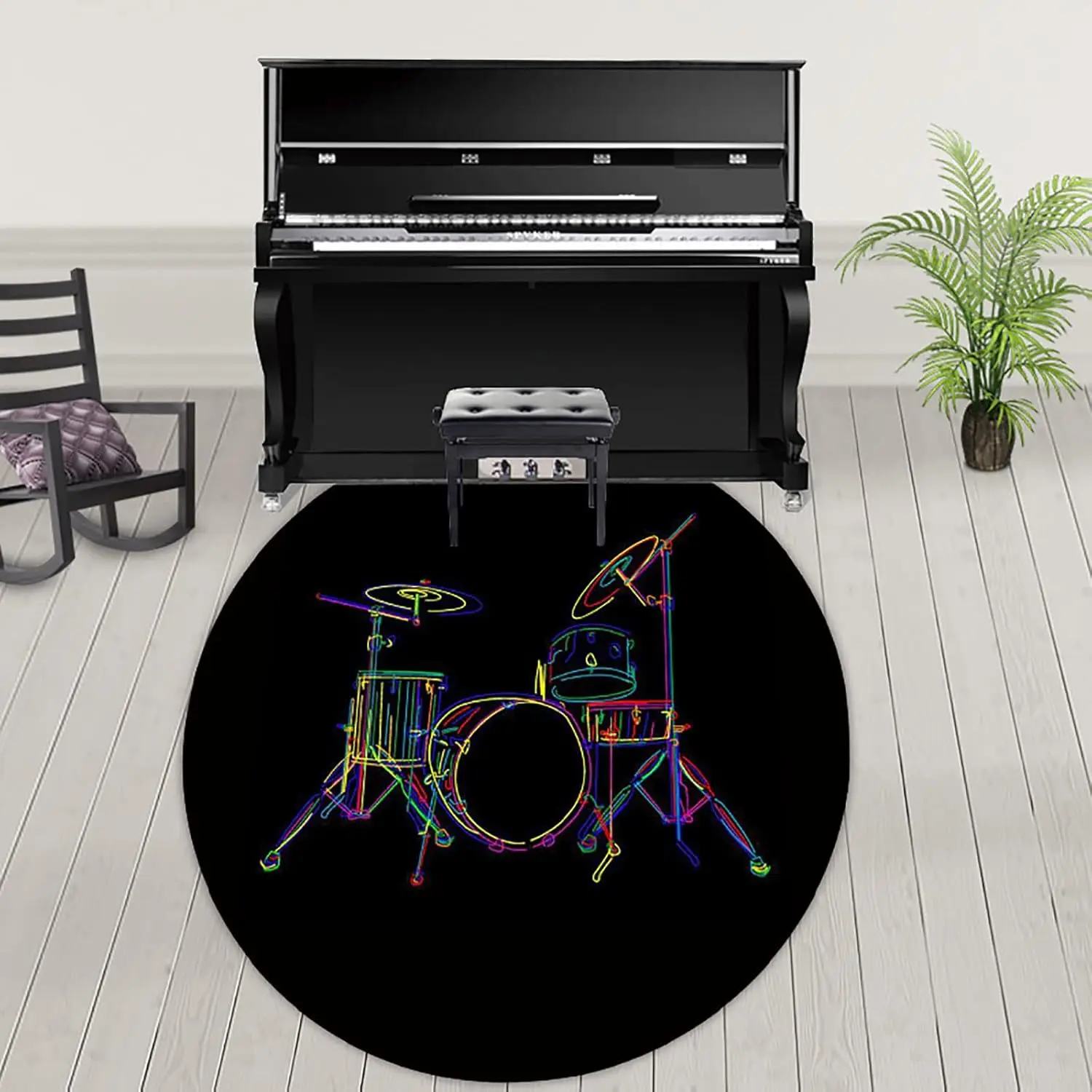 Musical Instruments Round Rug – Artistic Guitar Piano Keyboard Design Non-Slip Carpet for Living Room Home Decor