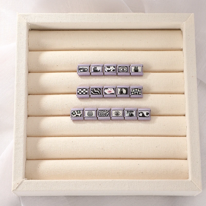 New Personalized Black Series Charm Italian Links Fit 9MM Stainless Steel Cat Cow Tai Chi Flower Heart Beads Bracelet DIY Making