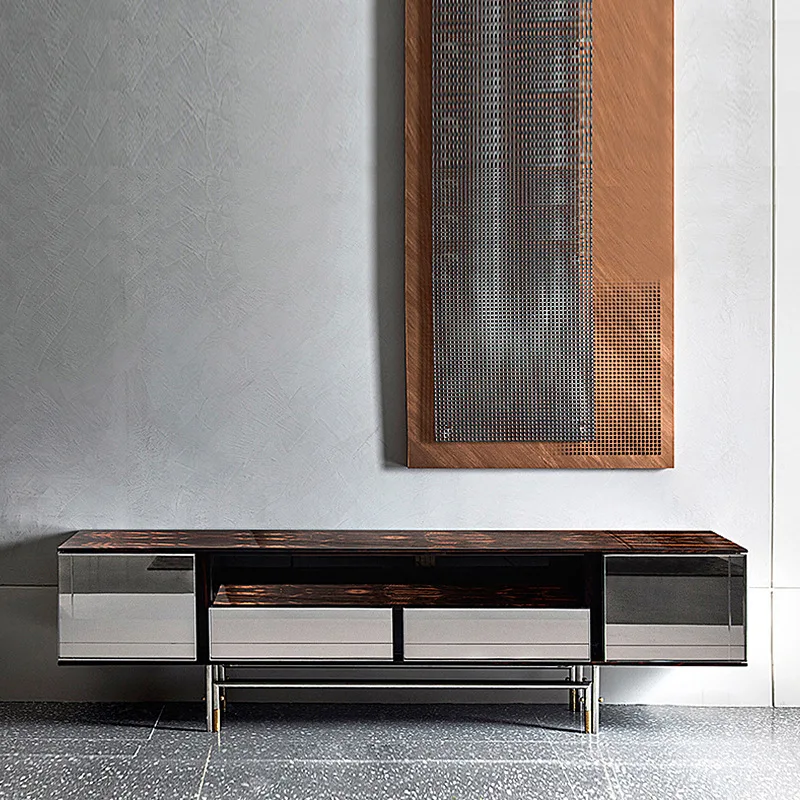 

Italian light luxury ebony wood veneer TV cabinet high-end smoked marble countertop audio-visual floor cabinet