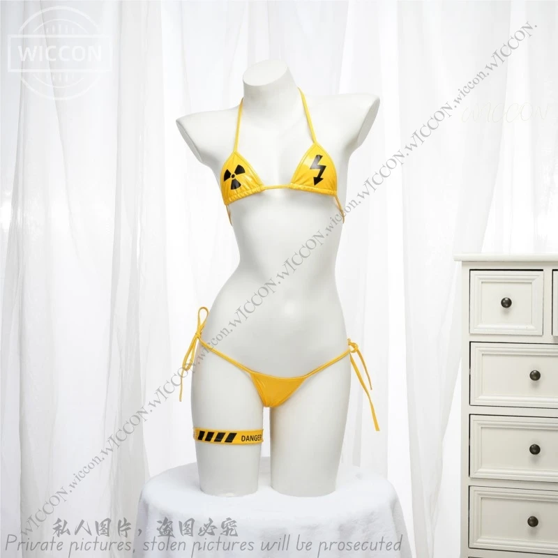 Danger Warning Yellow Bikini Swimsuit Women Anime Game Three Point Leather Underwear Set Costume Cosplay Black Halloween Party