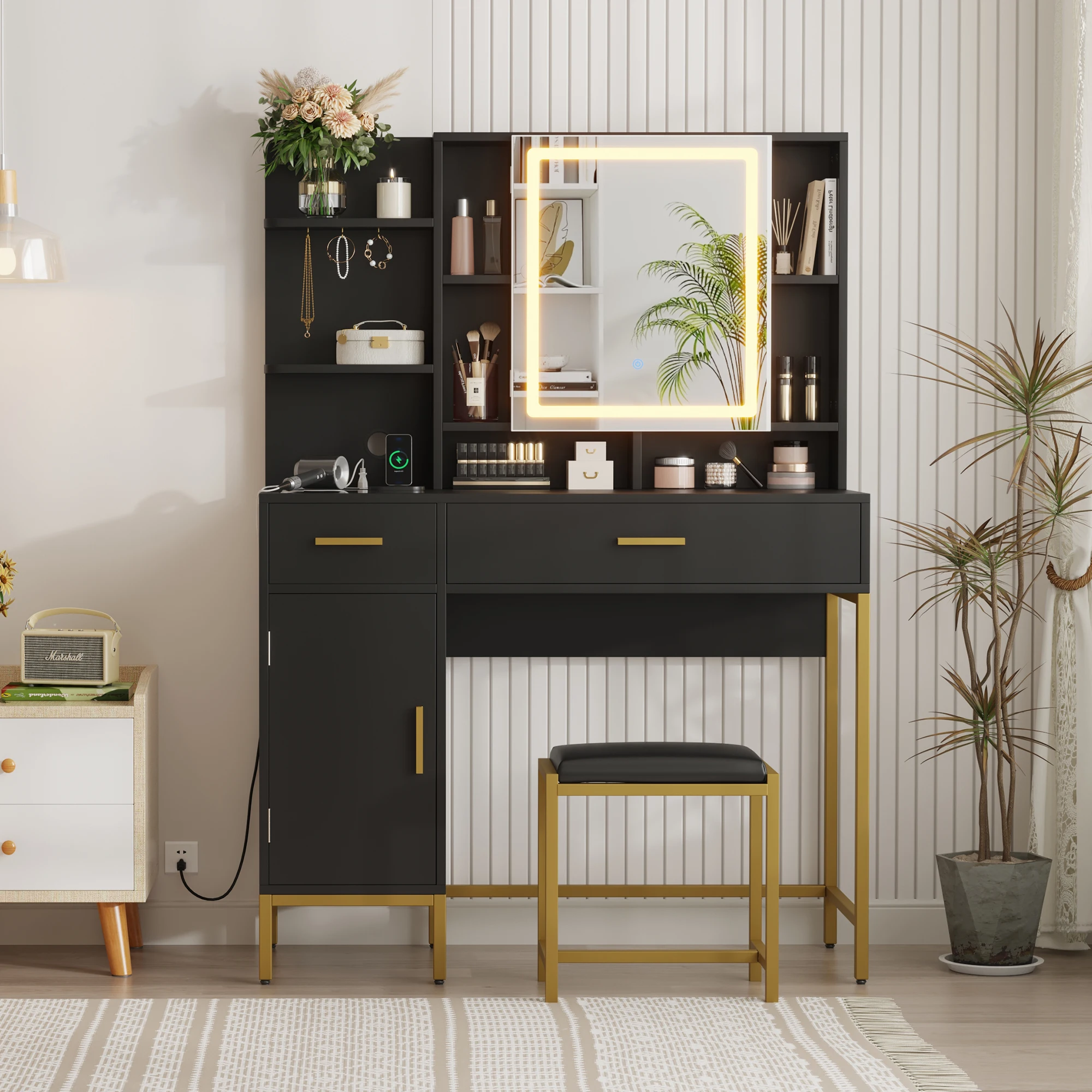Makeup Vanity Desk with Led Lights, Modern White Dressing Table Set with Soft Cushioned Stool, 3 Lighting Modes Vanity Table with 2 Drawers, Open Shelves, Cabinet and Charging Station