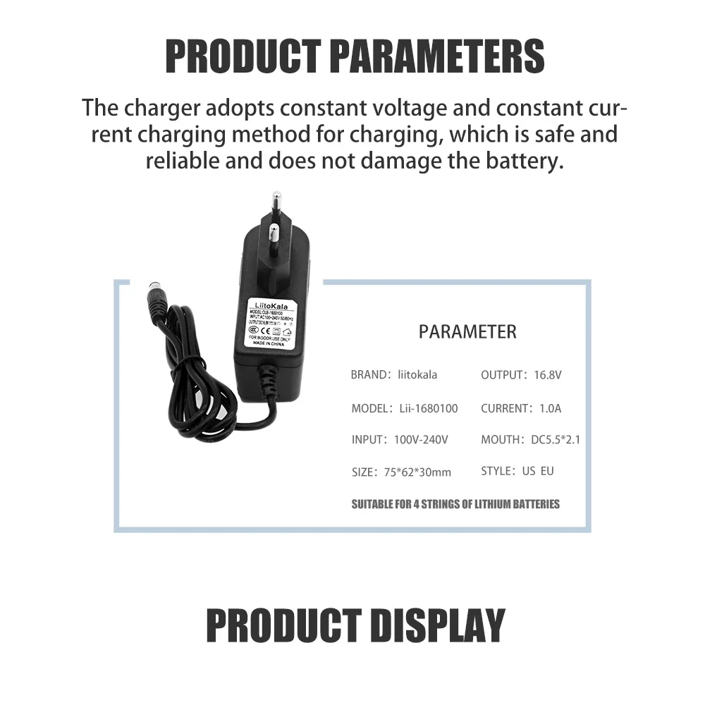 ドライバー用リチウムイオンバッテリー充電器,16.8v,1a,14.4v,4シリーズ,18650,AC,壁充電器,5.5x2.1mm