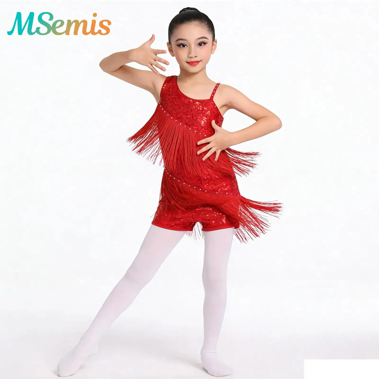 

Kids Girls Latin Dance Leotards Ballroom Dancewear Performance Costume Shiny Sequins Dress Rhinestone Tassels Shorts Bottom