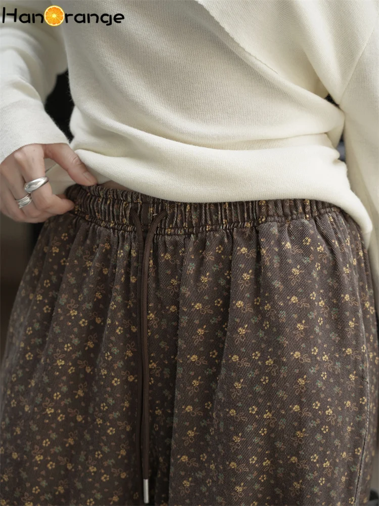 HanOrange 2025 Pantaloni autunnali bohémien retrò floreali con coulisse elastica Pantaloni da donna a vita alta con sensazione di caduta