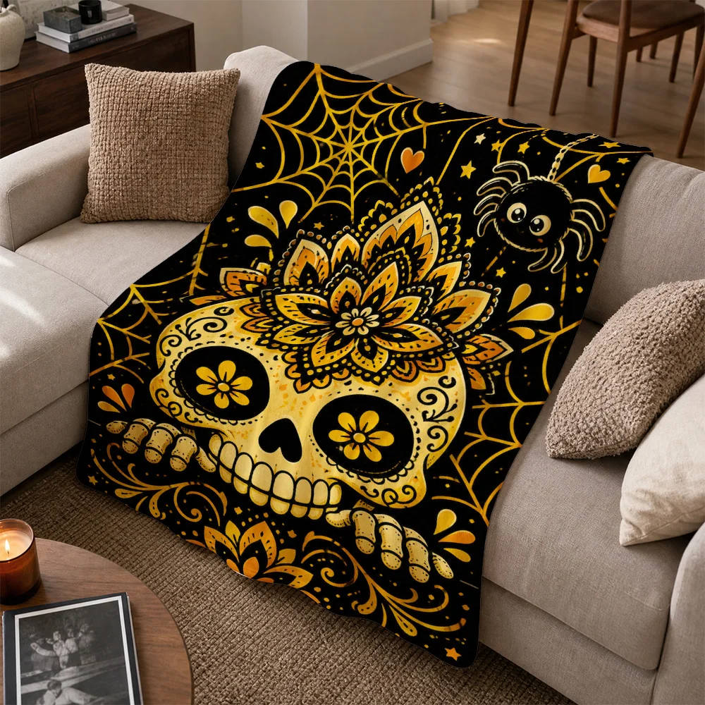 Spooky Halloween Skeleton Skull Throw Blanket Gothic Sofa Decor Fall Autumn Spiderweb Pumpkin Couch Cover Home Accent