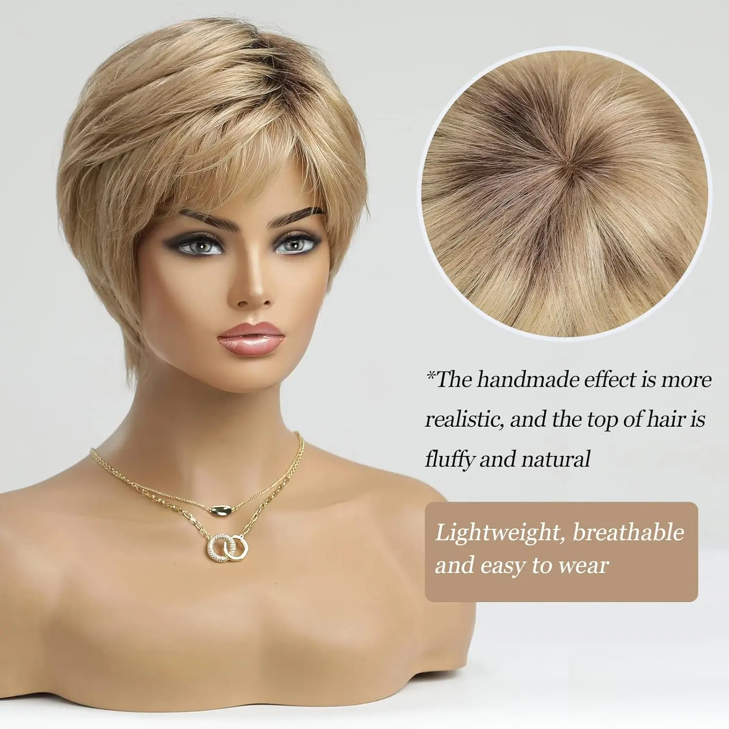 Pixie cut Human hair Wigs Sand Blonde Short Straight Bob Wigs with Bangs 100% Real Human Hair Glueless Wigs Natural Daily Use