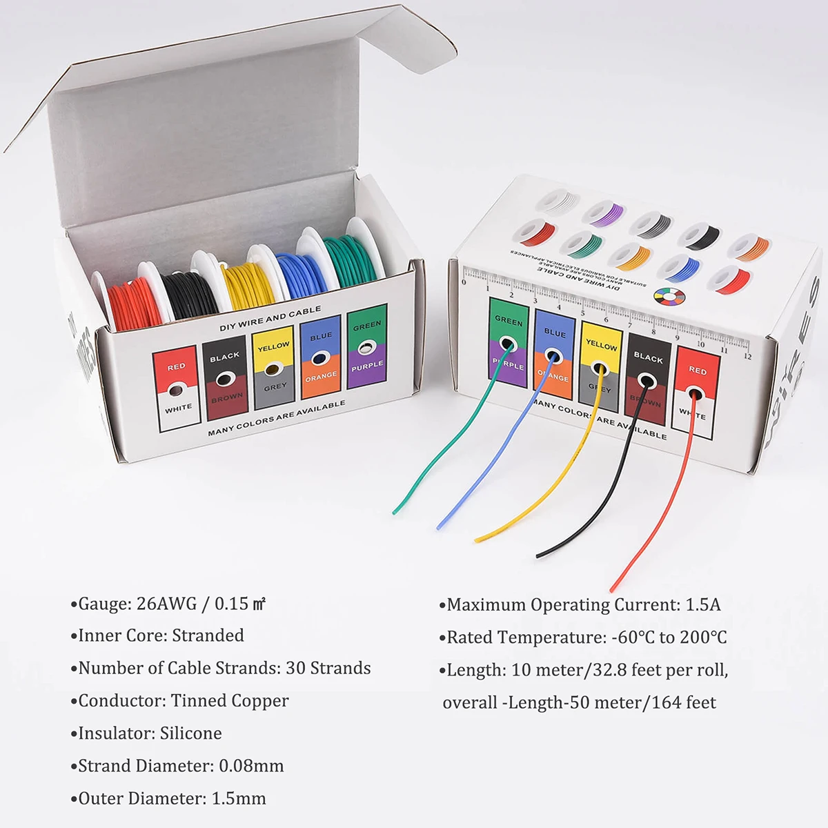 26 AWG Stranded Electrical Wire 26 Gauge Tinned Copper Wires Flexible Silicone Electric Hookup Wire Kit 5 Colors 32.8ft/10m Each