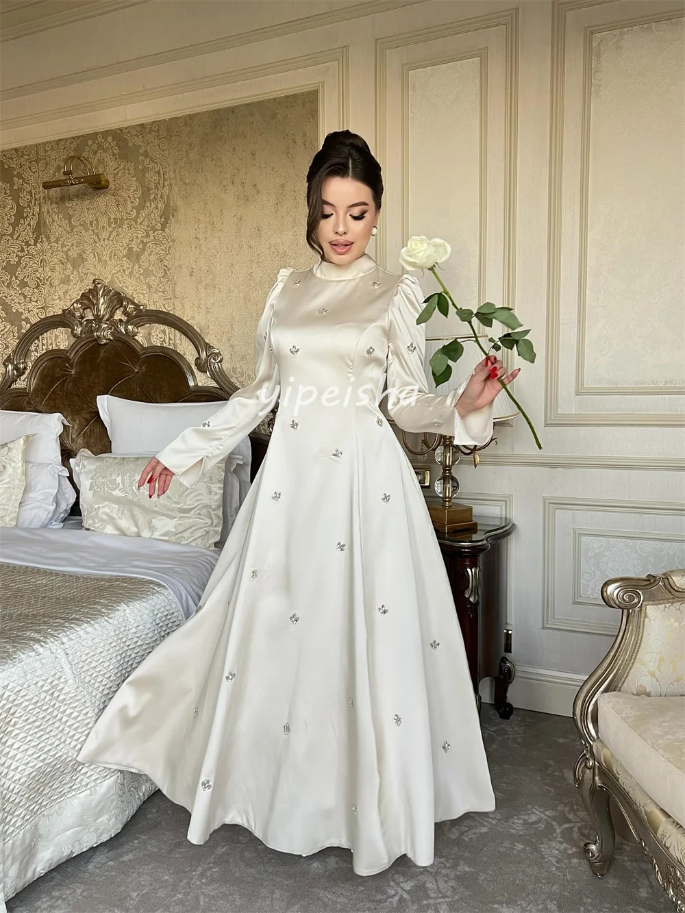 Robes longues trapèze plissées en strass, personnalisées, à la mode, col haut, robes d'occasion sur mesure, exquises, élégantes et formelles