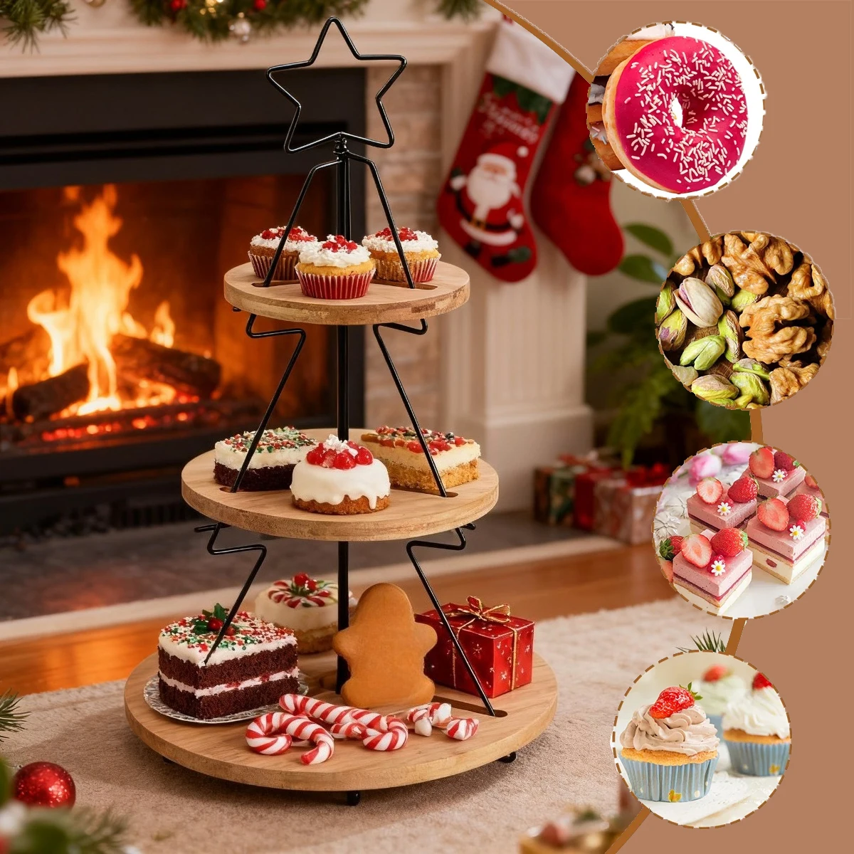 

Christmas Cake Stand with Serving Tray and Metal Rod Wooden Tiered Cupcake Stand Decorative Tiered Tray Stand Display Dessert