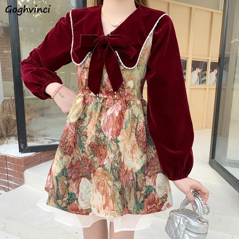 Women Sets Vintage Bow Top Sleeveless Printed Dress 2pcs Lace Patchwork Korean Fashion Autumn Winter Popular Elegant Young Y2k