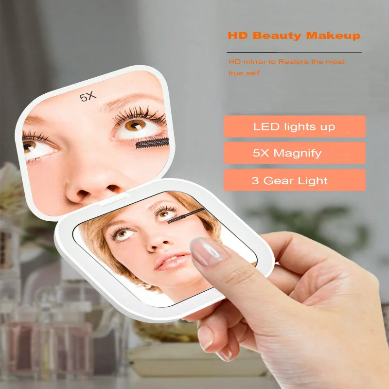 Square LED New Handheld Double-Sided Clamshell Round Pocket Folding With Light Led Makeup Mirror Compact 3x Magnification Cosmet