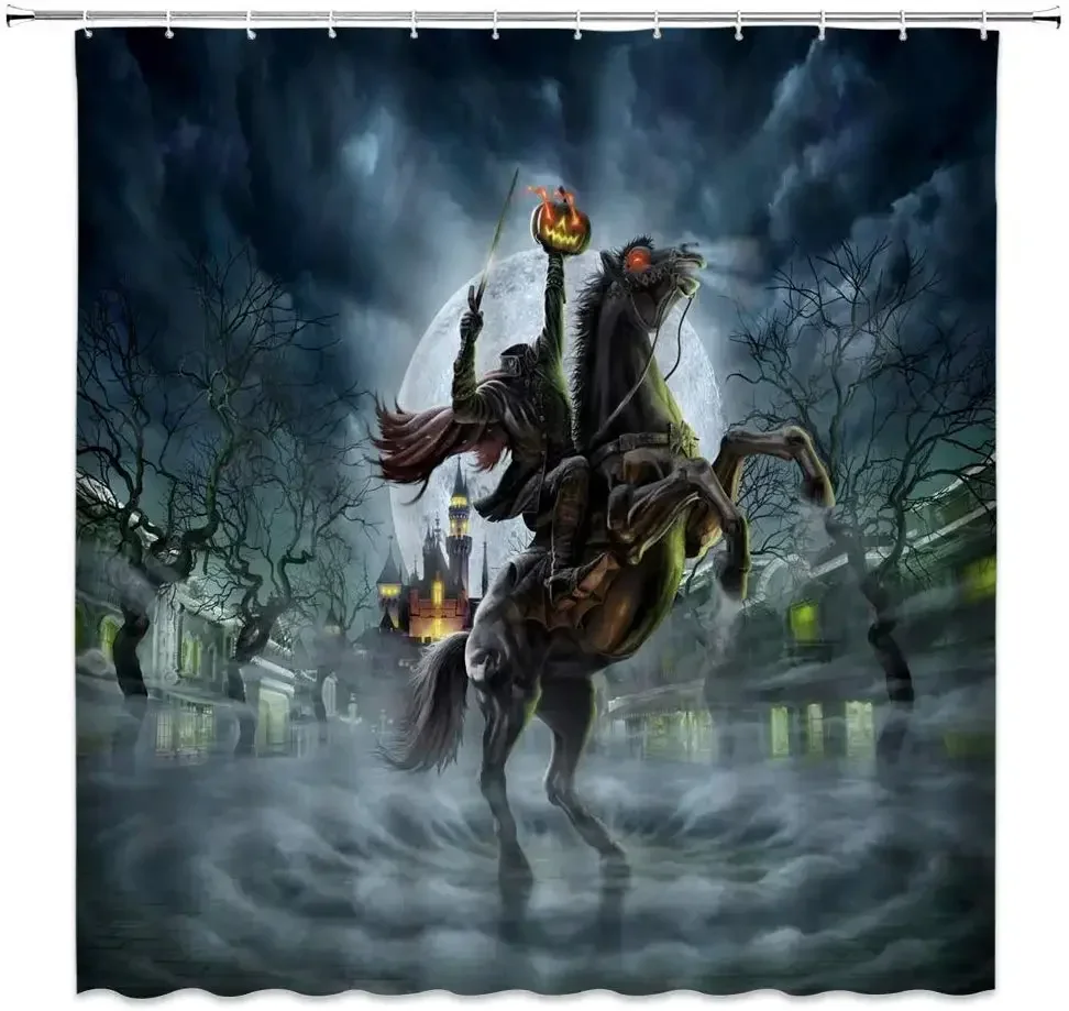 Fantasy Night Headless Knight Horror Ancient Castle Haunted Dead Tree Full Moon Halloween Bathroom Decoration