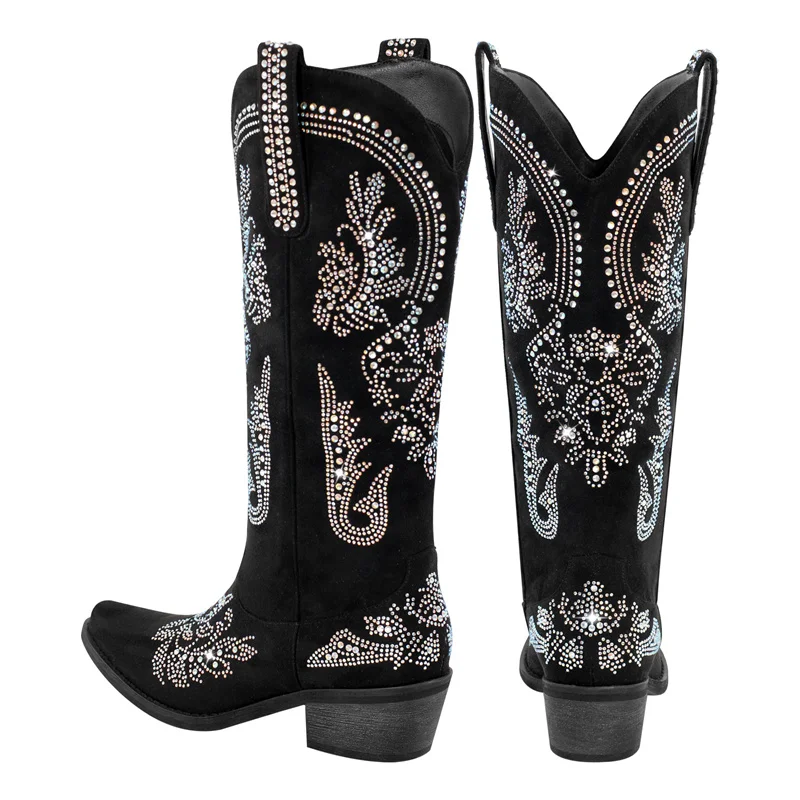 Onlymaker Women Pointed Toe Rhinestone Western Cowboy Boots Black  Female Wide Mid Calf Boots