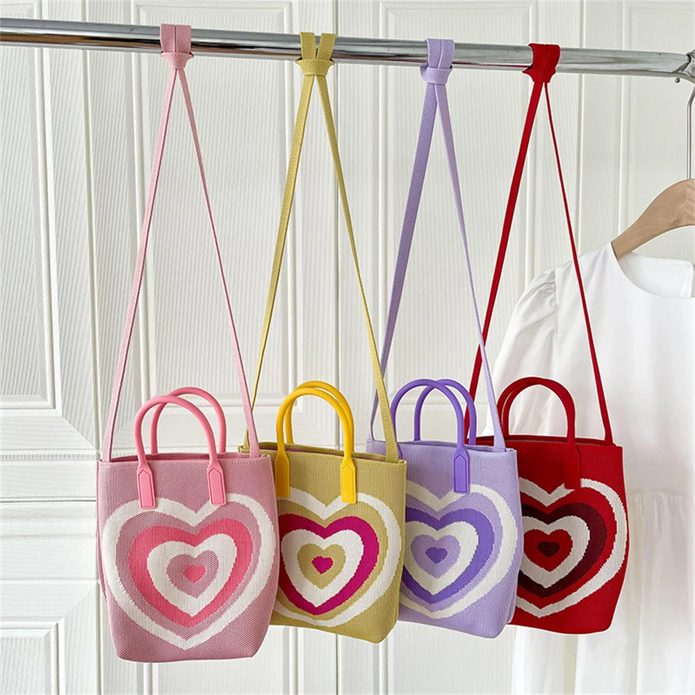 

Knitted Bag Cute Heart Small Bags Women's Fashion Casual Handbags Daily Shoulder Bag Tote Bags for Women Polyester Tote Bags