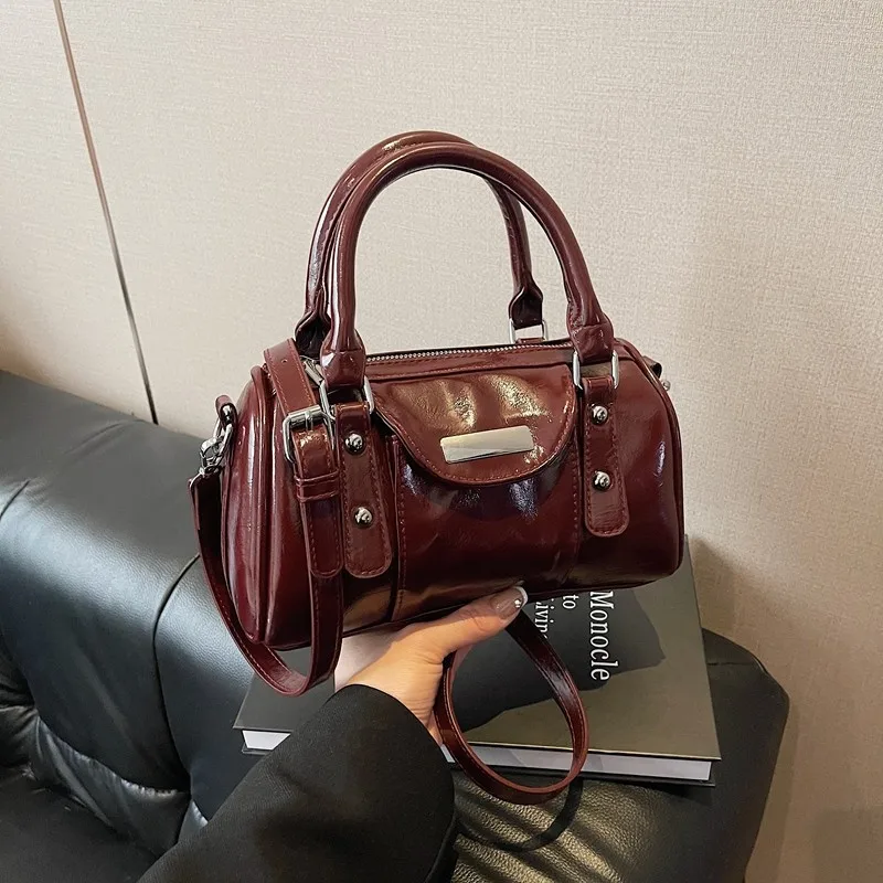 Burgundy Mini Handbag for Women Commuter Boston Bag Bright PU Leather Pure Color Ladies Shoulder Crossbody Bags Bolsa Totes