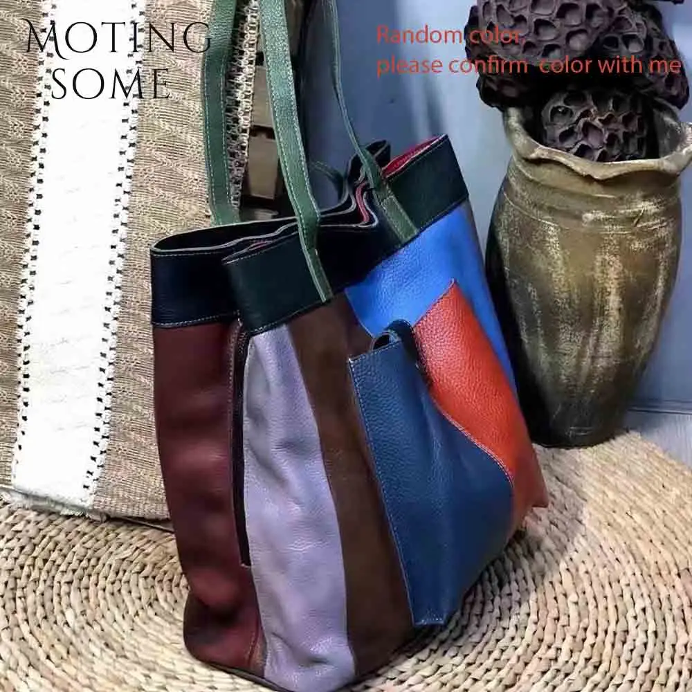 Motingsome Thick Genuine Leather Woman Tote Bag Retro Brush Colorful Cowhide Leather Patchwork Handbag Female Roomy Shopper Bag