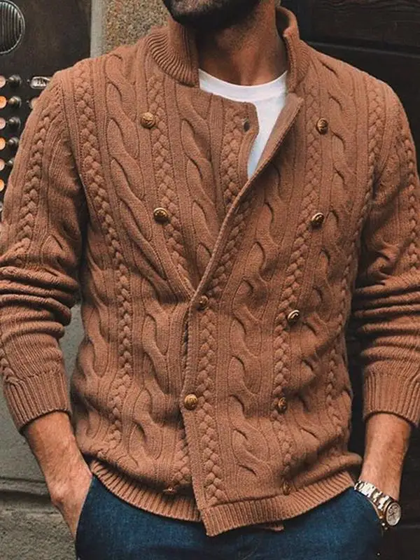 

Мужской вязаный кардиган с длинным рукавом, воротником-стойкой, на двух пуговицах, зимний, повседневный, прямого кроя, с цветочной вышивкой, молодежный