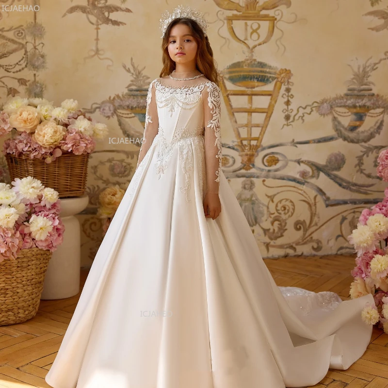 New Girls Satin Princess Party Dress Children Evening Gown for Host Piano Performance Kids Pageant Formal Celebration Dresses