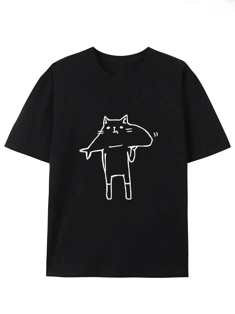 Camiseta De Gato Con Cabeza De Pez De Dibujos Animados De Inspiración Japonesa Camiseta De Manga Corta Con Cuello Redondo