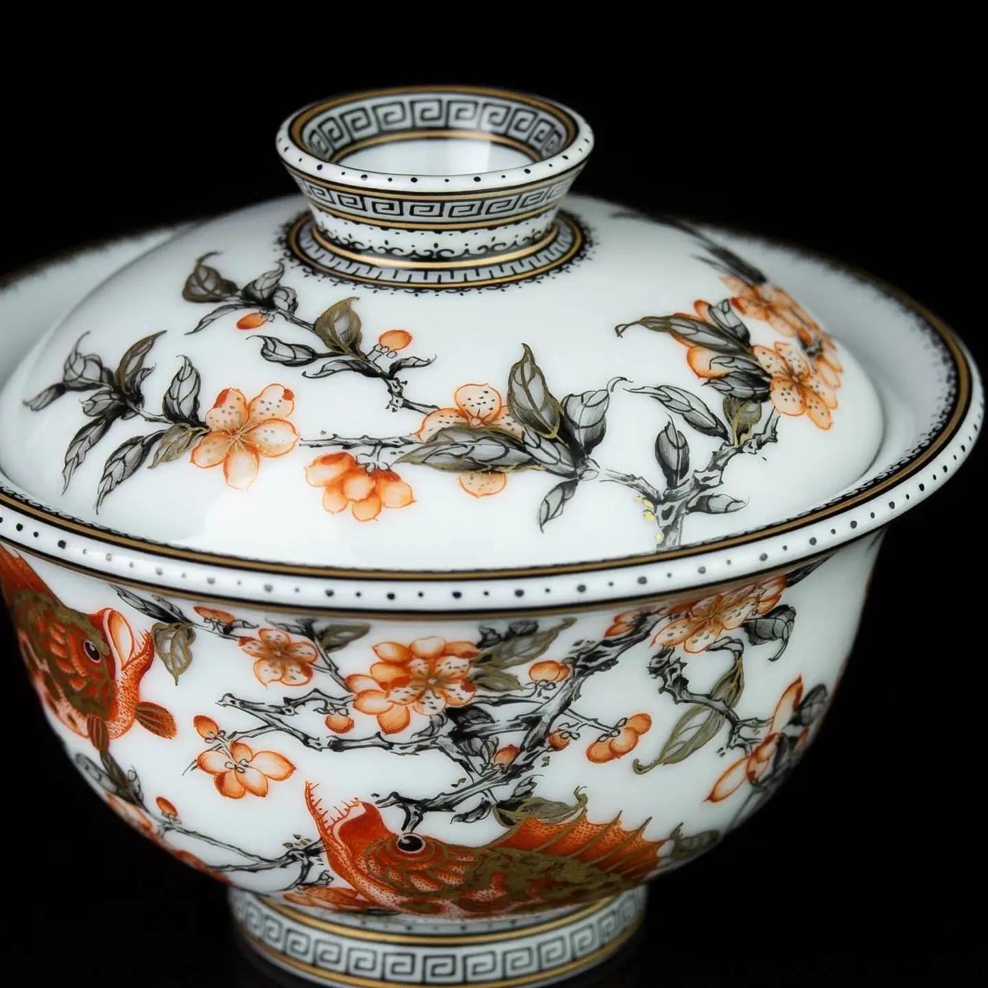 Black Jade Alum Red Peach Blossom Precious Fish Cover Bowl