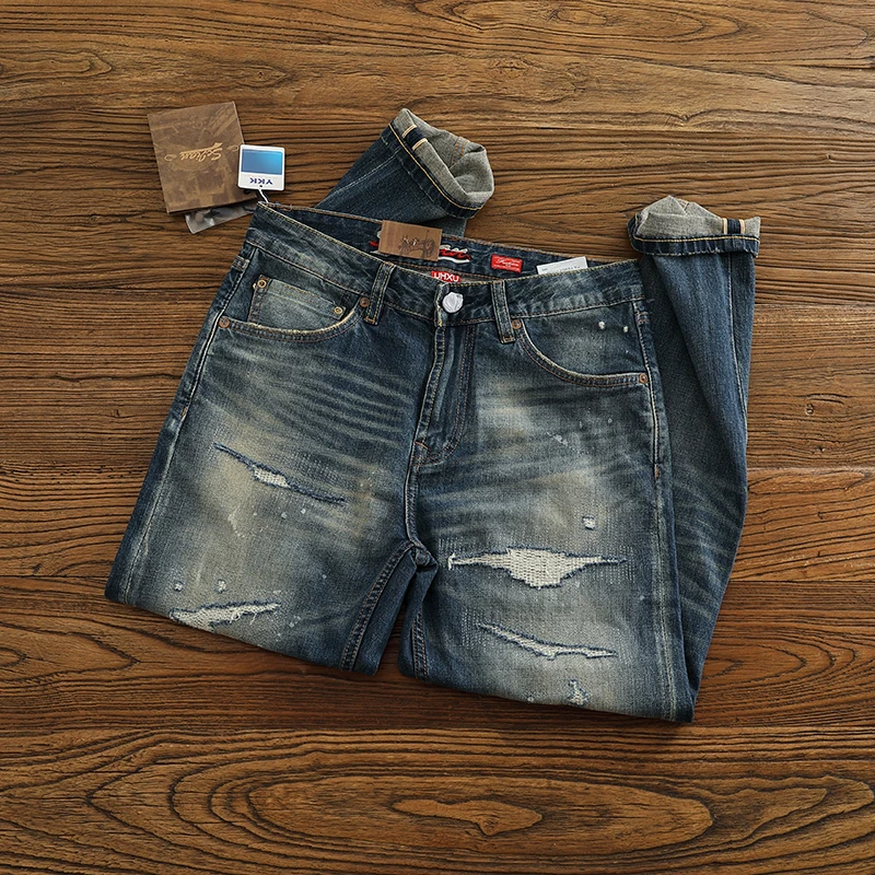 

Мужские джинсовые джинсы в стиле ретро в американском стиле с выцветшими прямыми штанинами, эластичные лоскутные брюки с небольшой ножкой, модные и модные