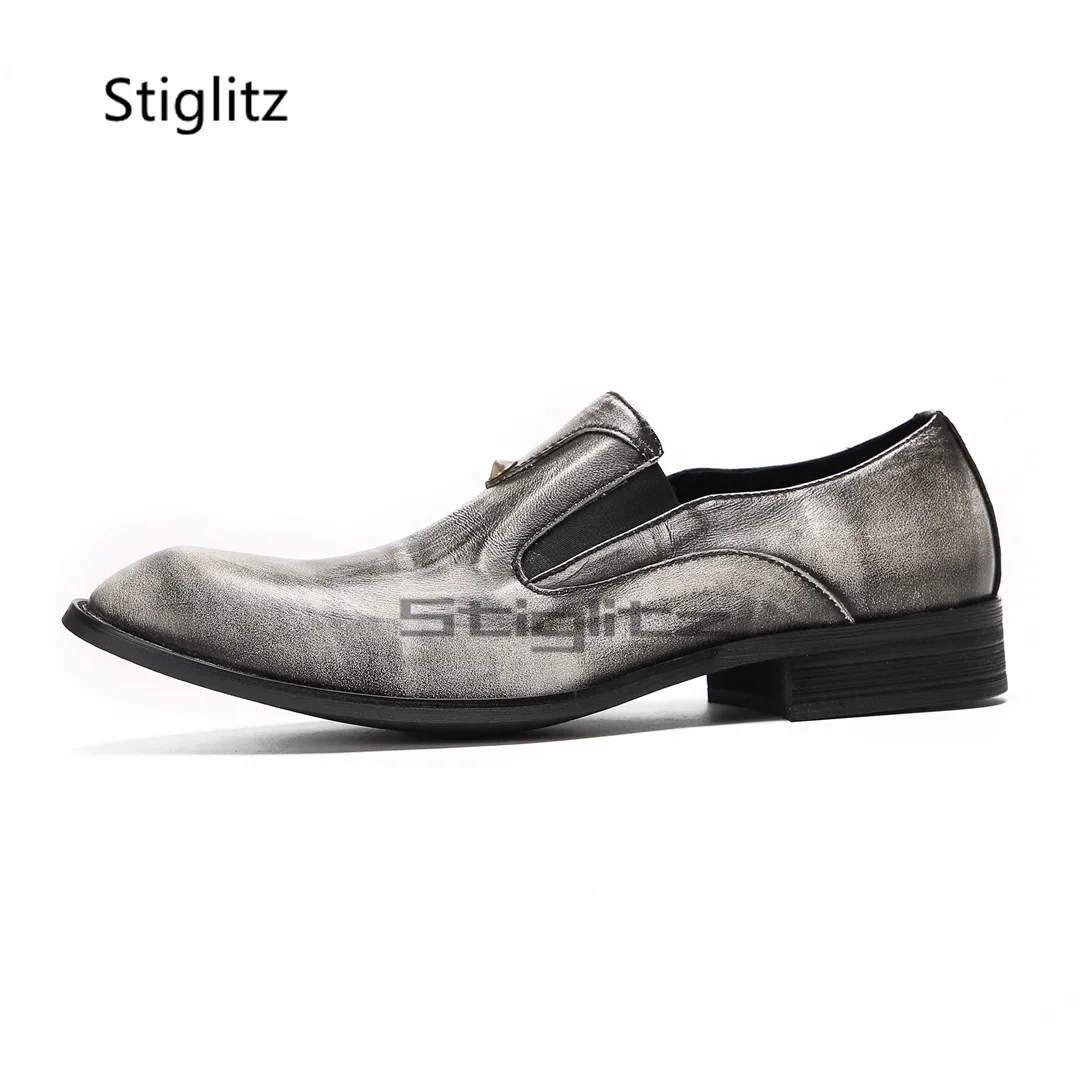 Men's Business Dress Slip On Leather Shoes Silver Grey Handmade Genuine Leather Office Work Social Shoes for Men Autumn New