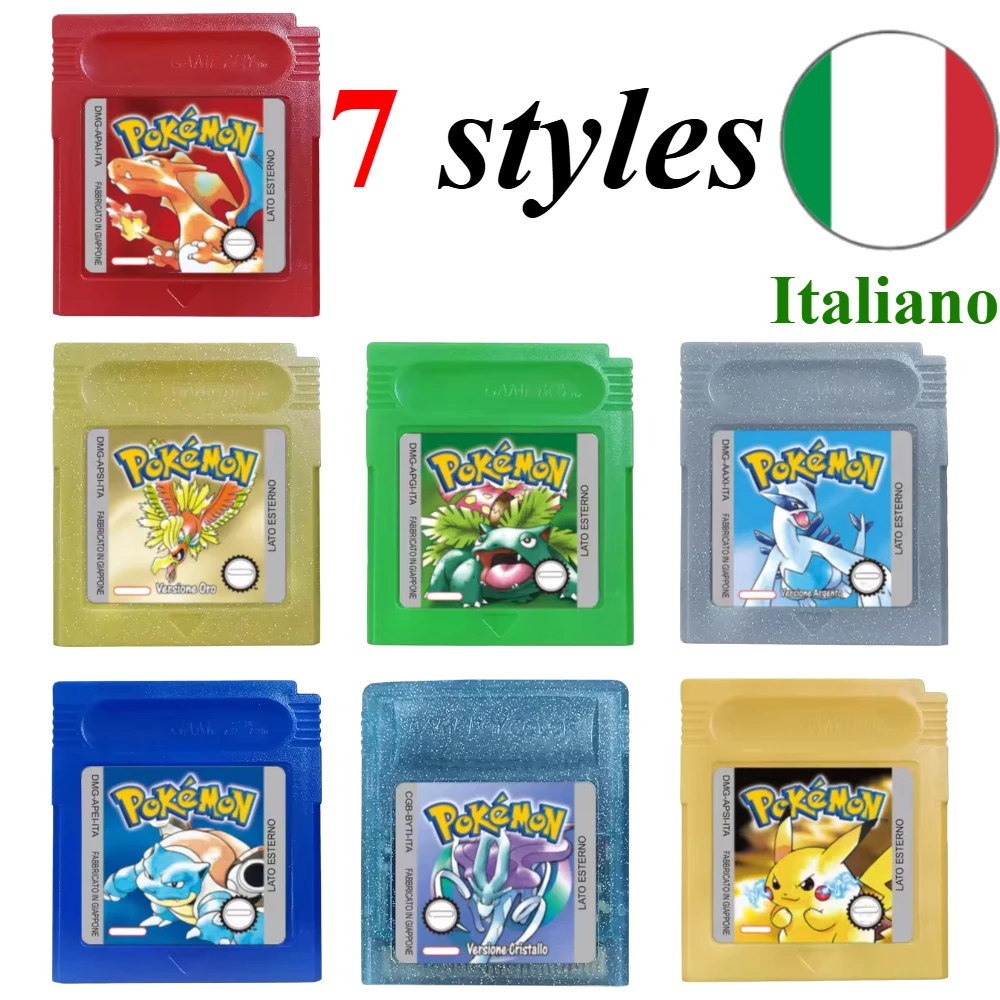 7 Styles Pokémon 16-Bit GBC Game Cartridge Red/Blue/Green/Gold/Silver/Crystal/Yellow USA/FRA/NOE/ESP/ITA Version