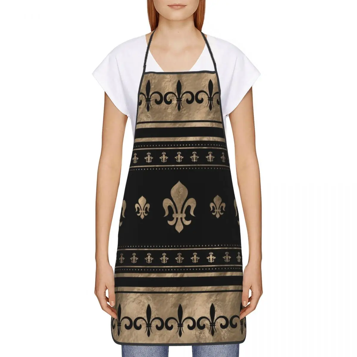 Bib Luxury Fleur De Lis Black And Gold Aprons Chef Kitchen Cooking Lily Flower Fleur-De-Lys Tablier Cuisine Painting