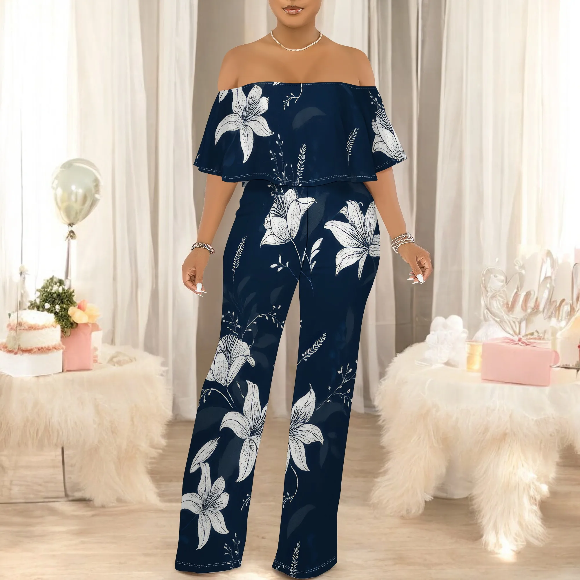 ปิดไหล่ด้านบน Ruffle ดอกไม้พิมพ์ Jumpsuits สําหรับผู้หญิงกางเกงขากว้าง Club Party ชุด Jumpsuit พร้อมกระเป๋า