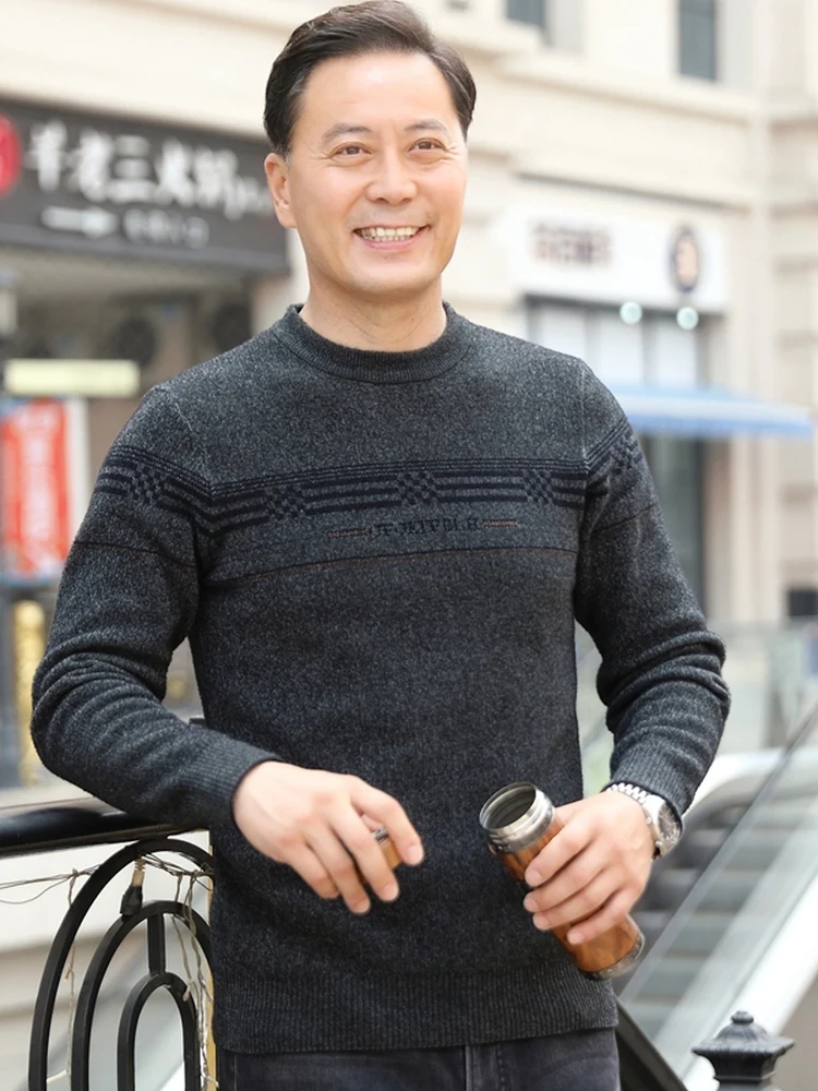 

Thiened Fce Winter Sweater for Dad Men's Warmth Knittedwear round Ne Long Sve Busin Casual Sle Polyester Fiber