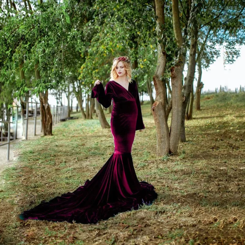 European American Autumn Winter Women's Velvet Maternity V-Neck Train Maxi Dress Photoshoot Dress Youth Pregnancy Photography