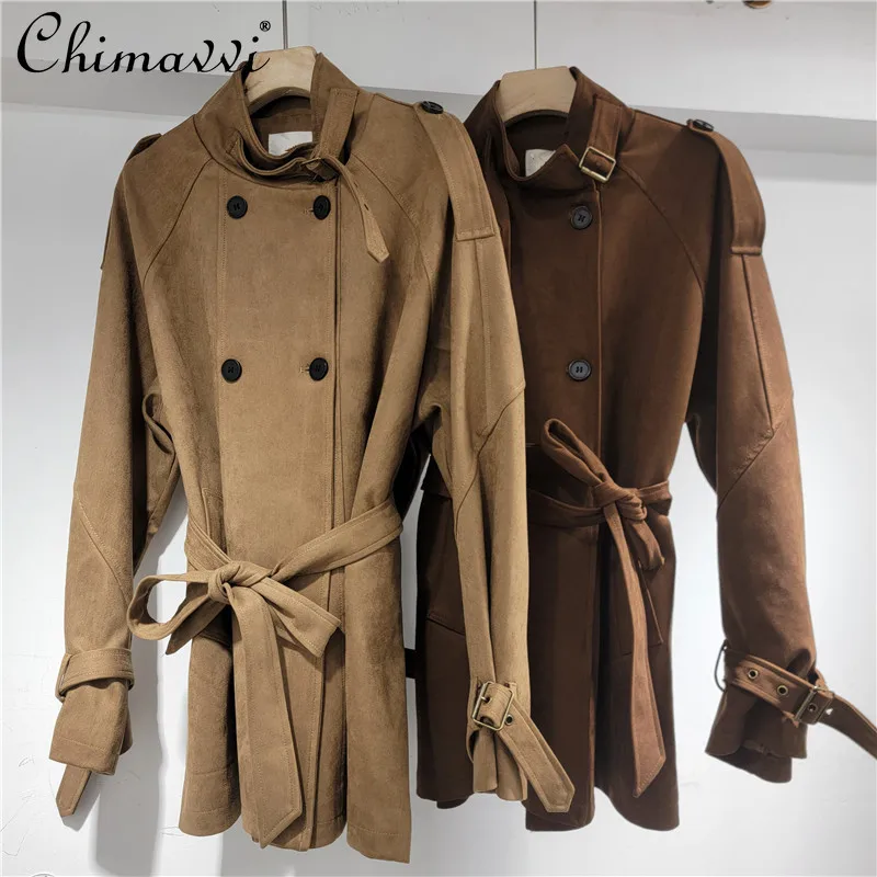 

2025 Autumn Clothes New Fashion Retro Stand Collar Lace-Up Jacket Women Cool Slim Fit Elegant Long Sleeve Suede Trench Coat