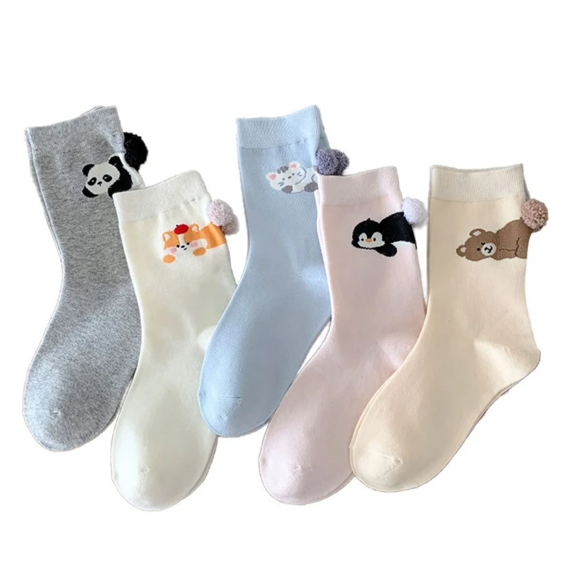 U90E 5 Pairs Eye Catching Socks Adorable Cats Dog Prints Comfortable Cotton Footwear For Women Fashion Animal Lover