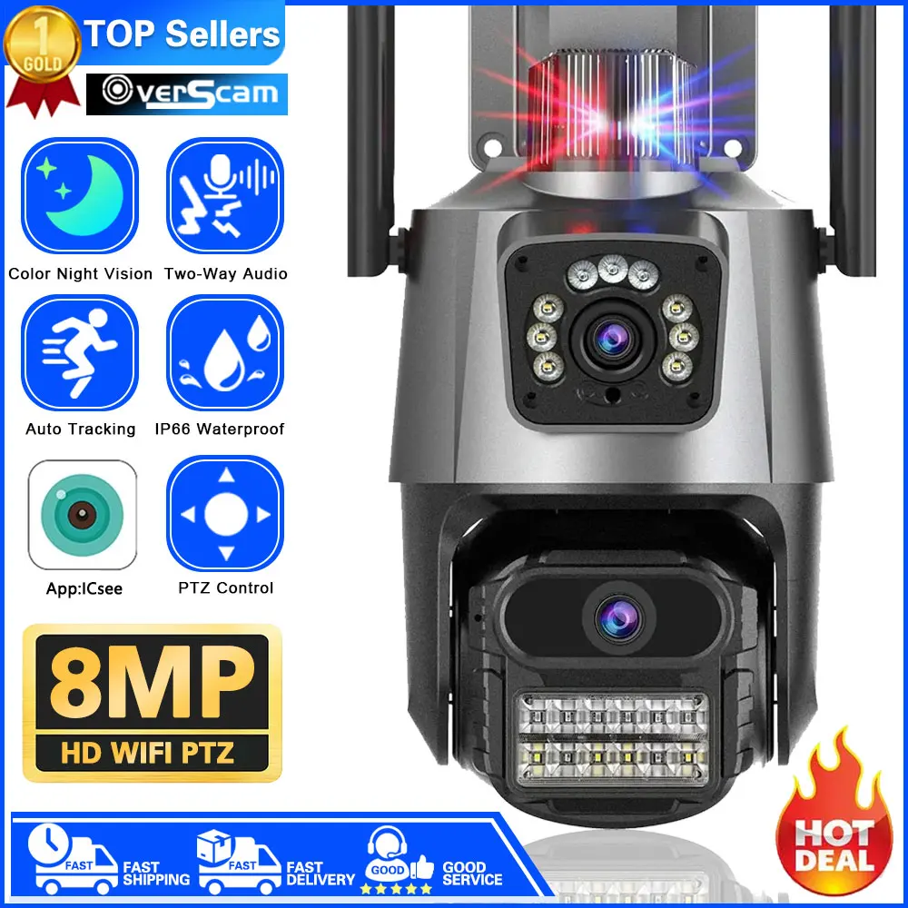 

External 8MP 4K PTZ WiFi Camera Outdoor Dual Lens CCTV Video Police Light Alarm Security Track Protection Surveillance P2P iCSee