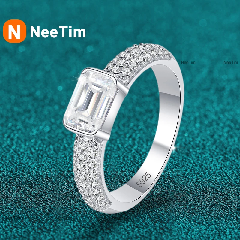 NeeTim 1ct Emerald Cut Radiant Cut Moissanite Rings for Women Sparkling S925 Silver Eternity Wedding Engagement Promise Ring
