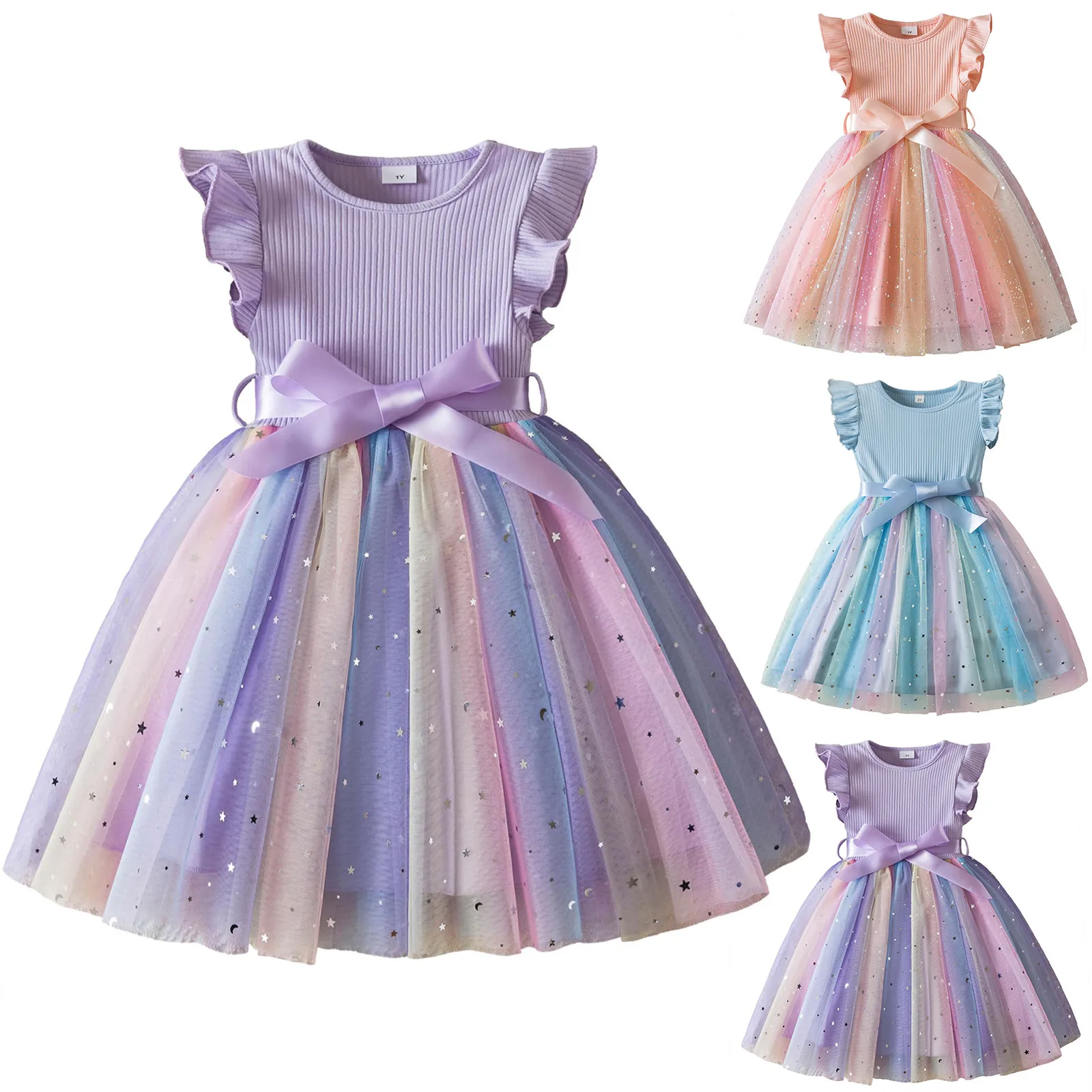New 1-5Y Toddler Girls Rainbow Tulle Dress Girls Dress for Sequins Birthday Sweet Kids Princess Dress for Girls 2025 Summer Wear